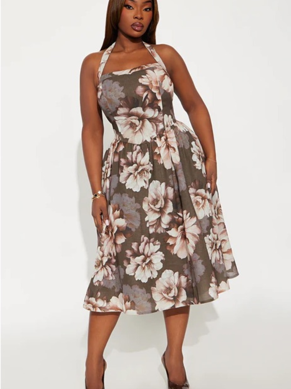 Fashion Nova Brown Floral Halter Midi Dress with Cream Blooms